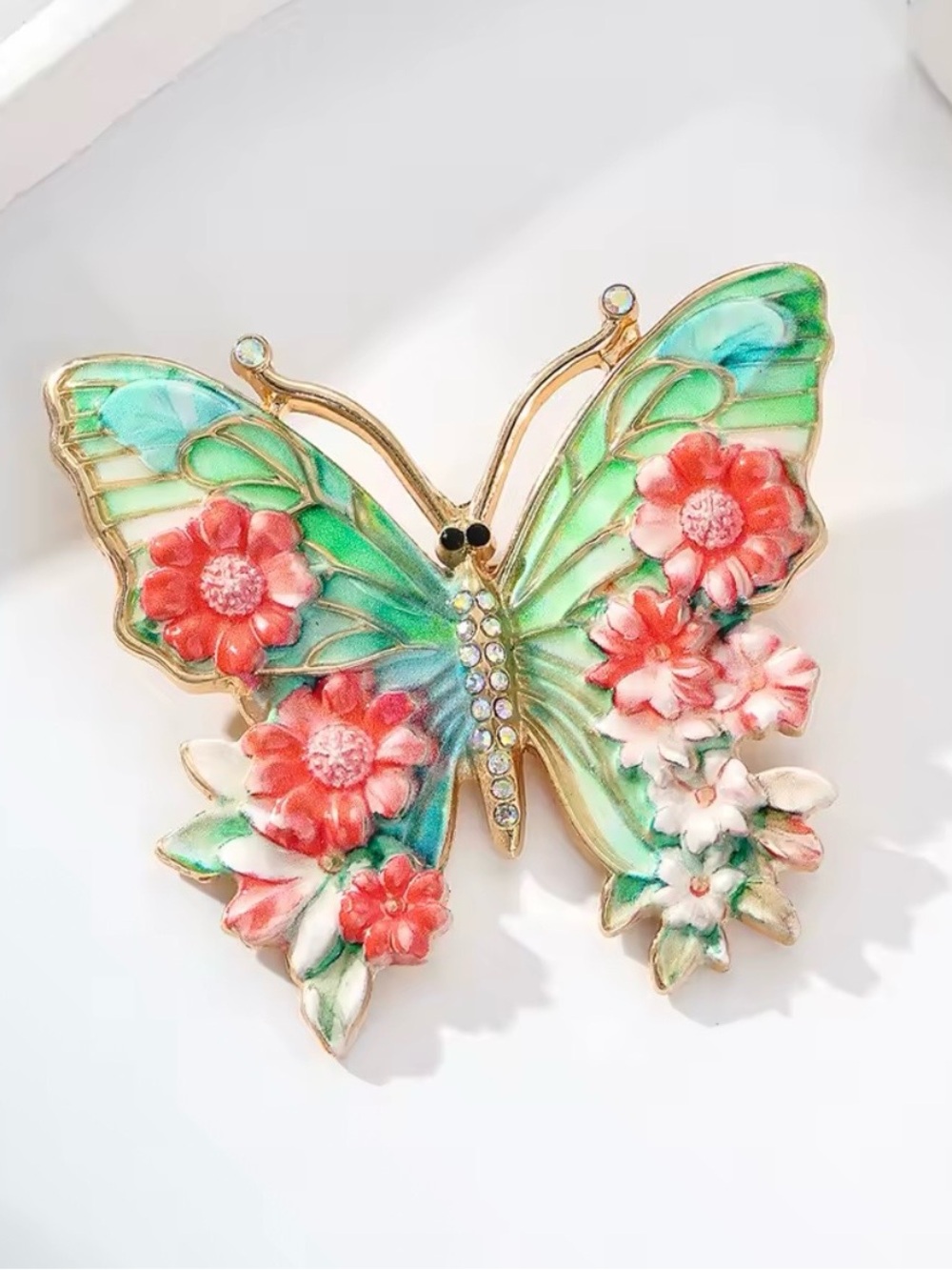 New Anthropologie Turquoise & Coral Floral Butterfly Brooch